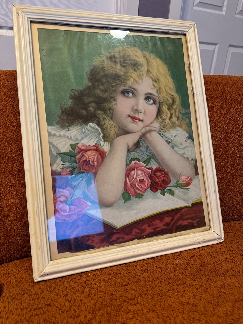Framed Victorian Lithograph Girl With Roses 16”x 21”